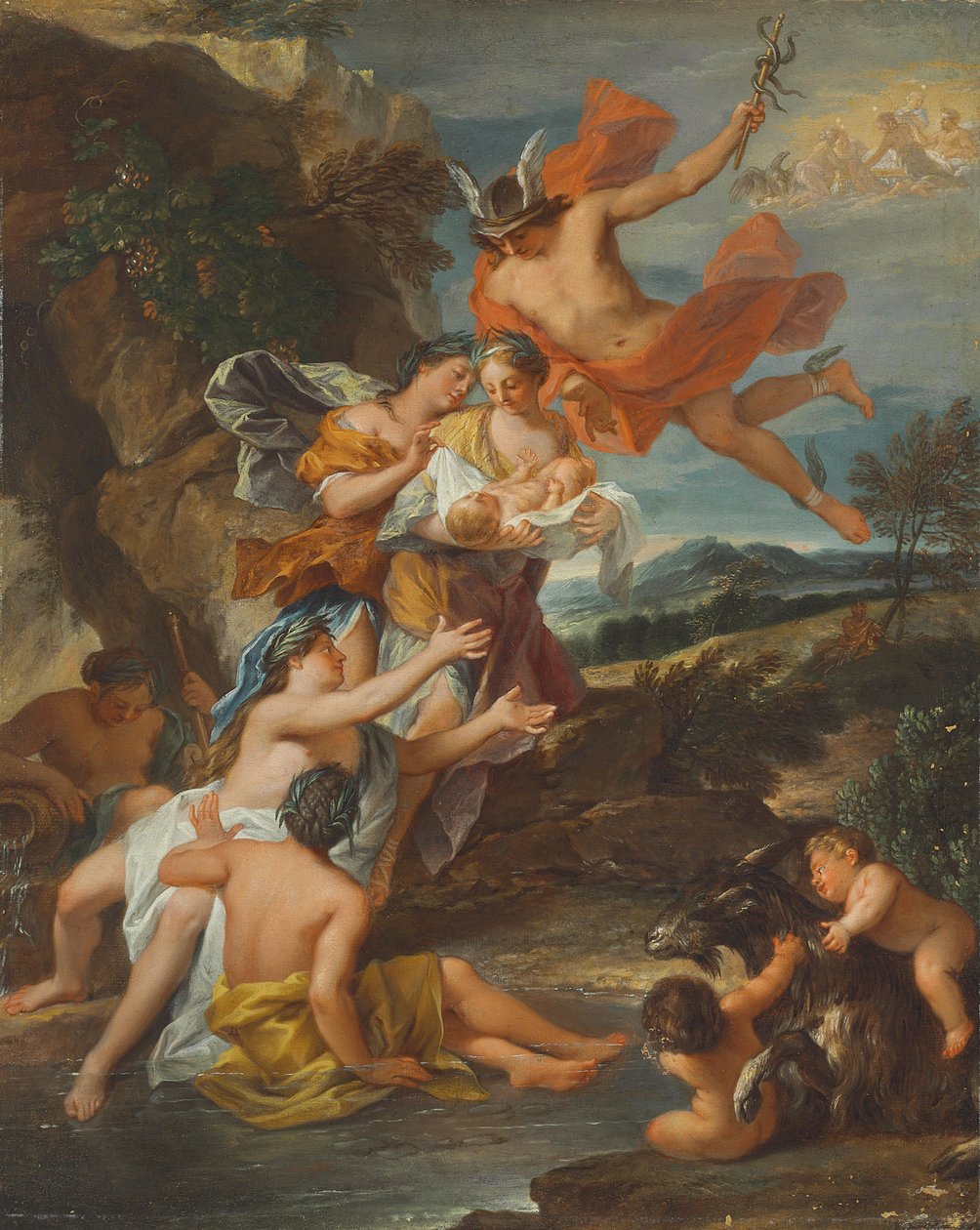 Merkurius anförtror spädbarnet Bacchus till nymferna i Nysa av Nicolas Bertin