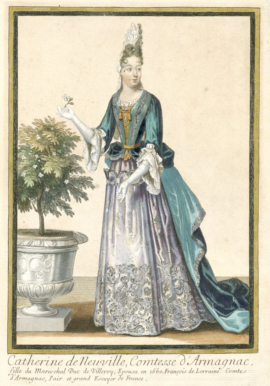 Franska tryck som sprider franskt mode: Porträtt av Catherine de Neuville, grevinnan av Armagnac Catherine de Neuville, grevinna av Armagnac, klädd enligt franskt mode ca. 1685 av Nicolas Bonnart (fils)