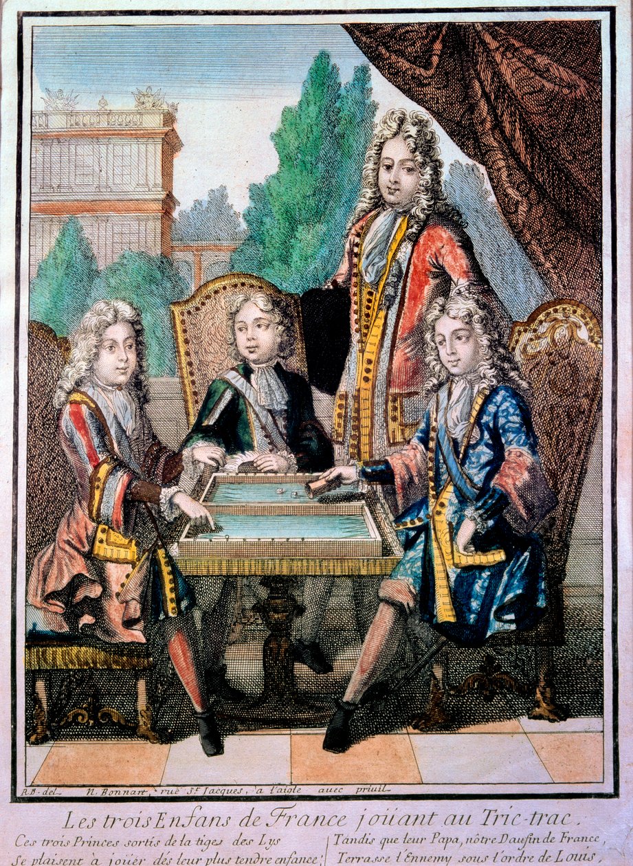 Barnbarnen till Ludvig XIV (1638-1715), Ludvig hertig av Bourgogne (d. 1712), Philippe, hertig av Anjou (1683-1746), och Charles, hertig av Berry med deras far, Ludvig (d. 1711), delfin i Frankrike, spelar tric trac (Trictrac eller Trictrac: backga:s förfa av Nicolas Bonnart