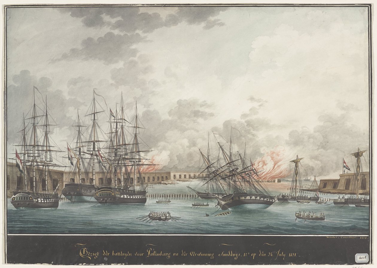 Utsikt över batterierna för Palembang efter segern på eftermiddagen - kl. 12.00. den 24 juli 1821 (titel på objekt) av Nicolas Cammillieri