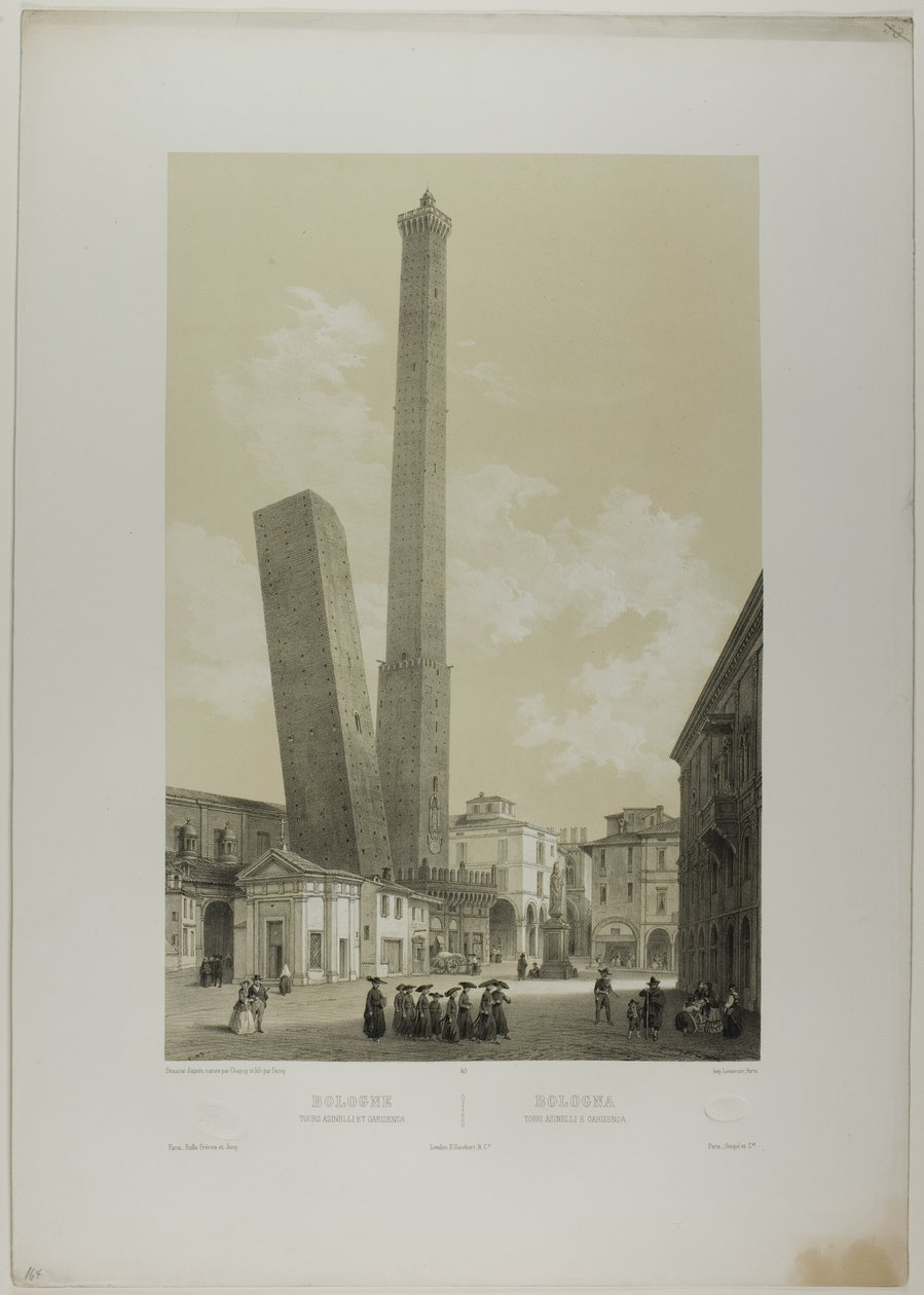 Bologna: Asinelli- och Garisenda-tornen, plansch 40 från Italie Monumentale et Pittoresque av Nicolas Chapuy