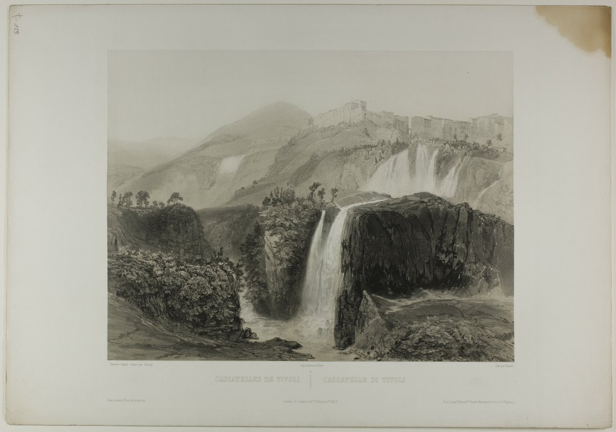Tivolis vattenfall, plansch arton från Italie Monumentale et Pittoresque av Nicolas Chapuy