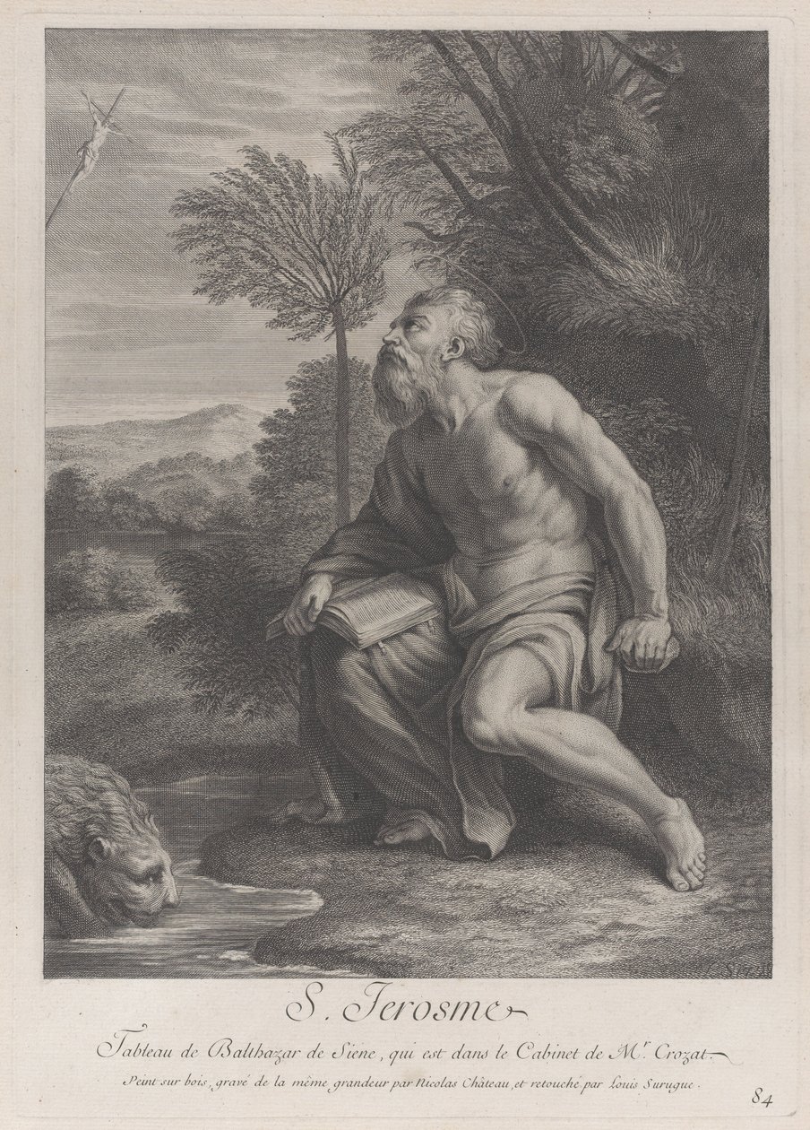 Den helige Hieronymus sitter vid ett träd och tittar upp på ett krucifix, ett lejon som dricker vatten från en ström..., 1728 av Nicolas Chateau