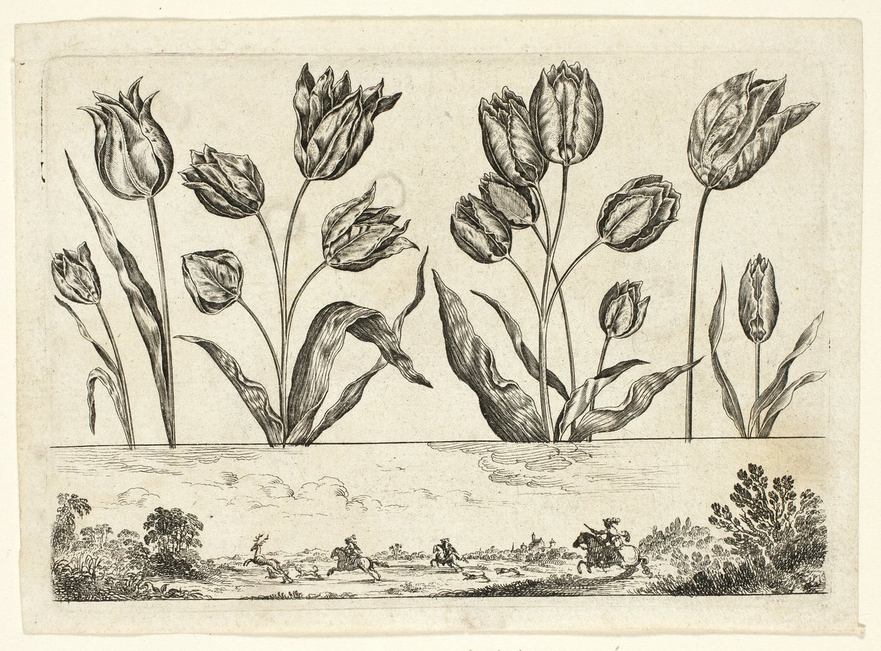 Blommor och jaktscen, från Livre Nouveau de Fleurs... av Nicolas Cochin