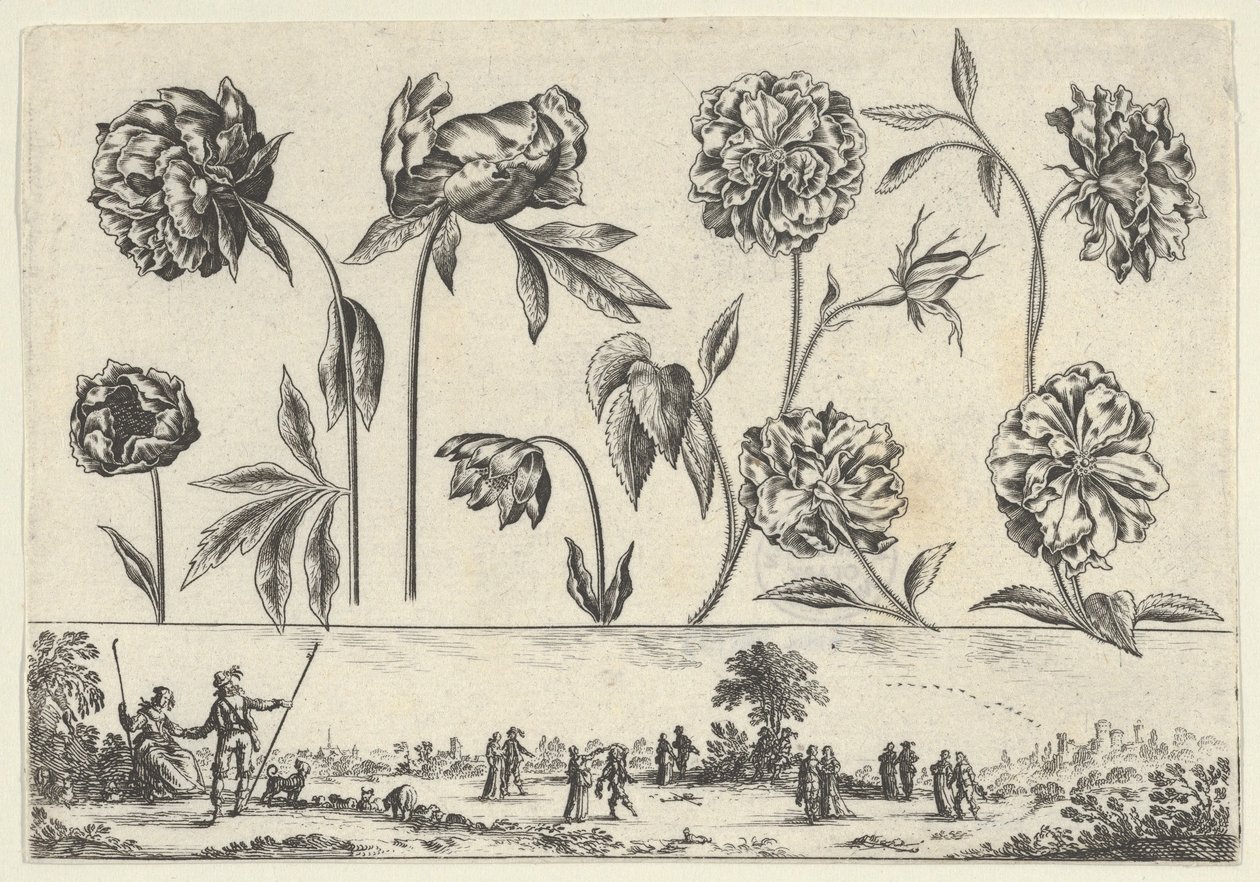 Horisontell panel med en rad blommor över en fris med figurer i ett landskap, från Li..., 1645. av Nicolas Cochin