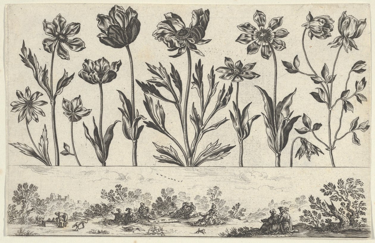 Horisontell panel med en rad blommor över en fris med figurer i ett landskap, från Li..., 1645. av Nicolas Cochin