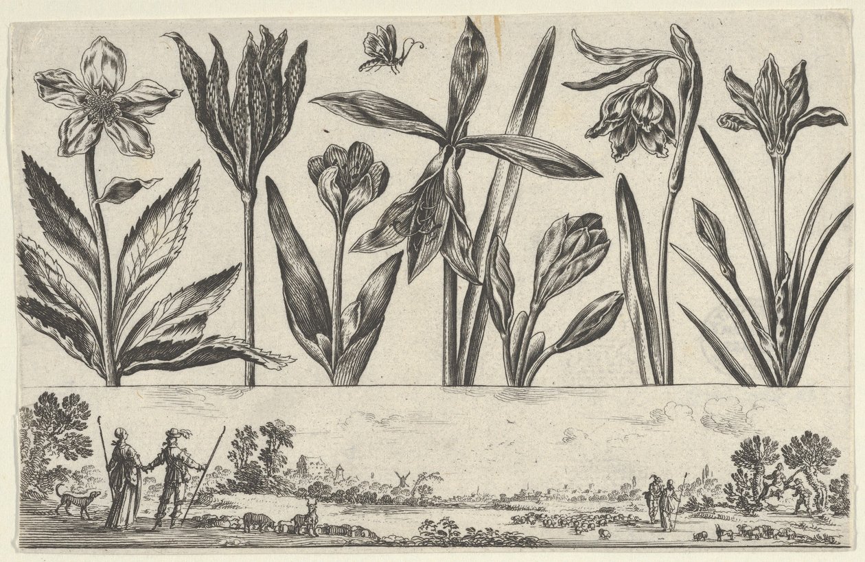 Horisontell panel med en rad blommor över en fris med figurer i ett landskap, från Li..., 1645. av Nicolas Cochin