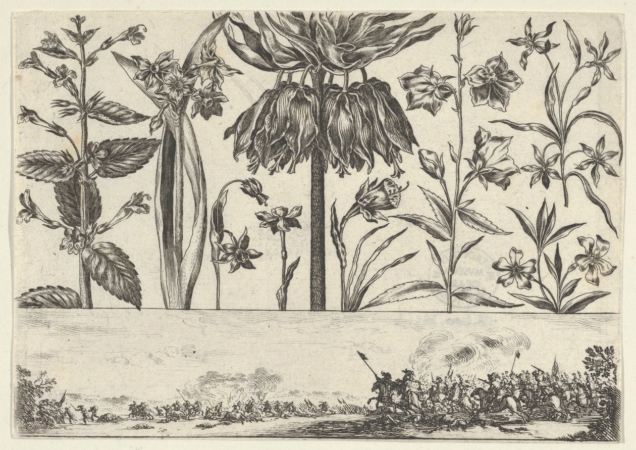 Horisontell panel med en rad blommor ovanför en fris med en stridsscen i ett landskap, ..., 1645. av Nicolas Cochin