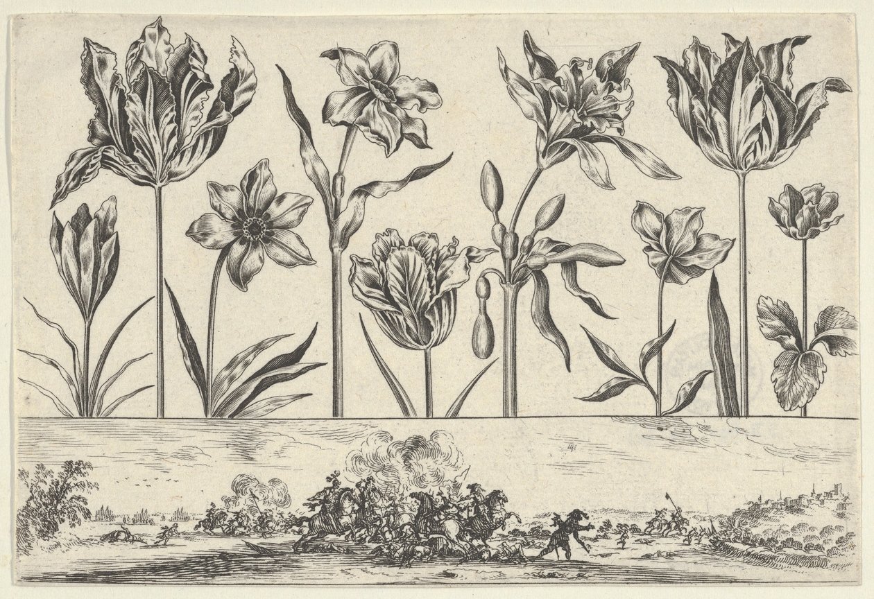 Horisontell panel med en rad blommor ovanför en fris med en stridsscen i ett landskap, ..., 1645. av Nicolas Cochin