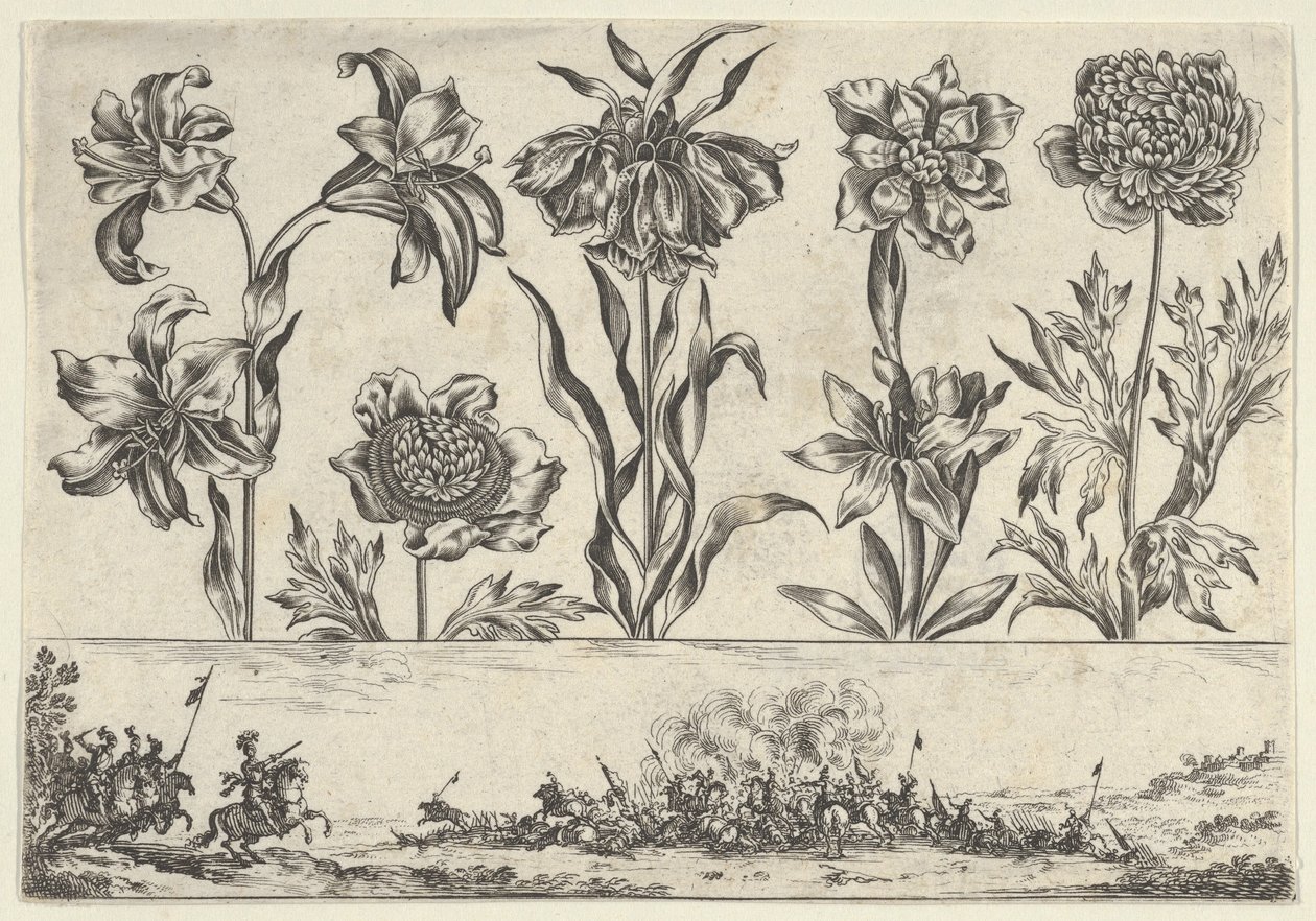 Horisontell panel med en rad blommor ovanför en fris med en stridsscen i ett landskap, ..., 1645. av Nicolas Cochin