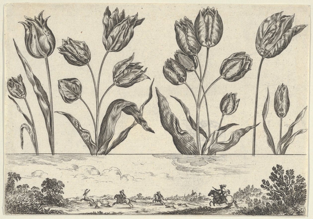 Horisontell panel med en rad blommor ovanför en fris med en jaktscen i ett landskap,..., 1645. av Nicolas Cochin