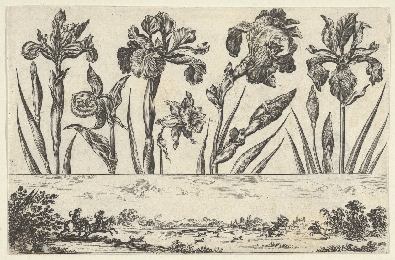Horisontell panel med en rad blommor ovanför en fris med en jaktscen i ett landskap,..., 1645. av Nicolas Cochin