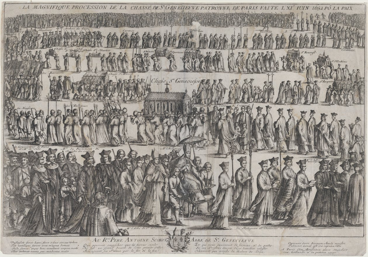 Processionen av St. Genevieves kista, med präster och lekmän som marscherar i sex rader..., 1652. av Nicolas Cochin
