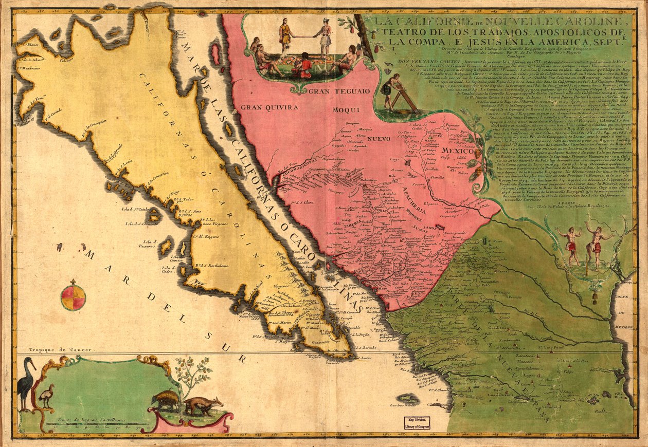 La Californie ou Nouvelle Caroline - teater av verk, Apostoliska verk av Compa. e Jesus i Amerika Septe. LOC 98687119 av Nicolas de Fer