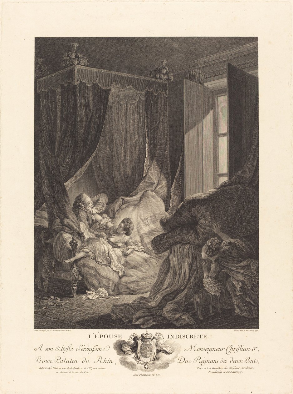 Den indiskreta frun av Nicolas Delaunay after Pierre Antoine Baudouin