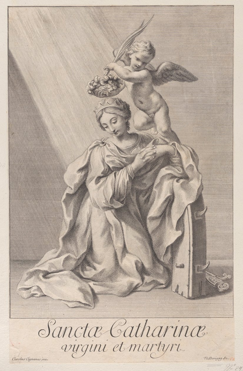Den heliga Katarina av Alexandria, knästående med armbågen vilande på det spetsiga hjulet, och en..., 1698. av Nicolas Dorigny