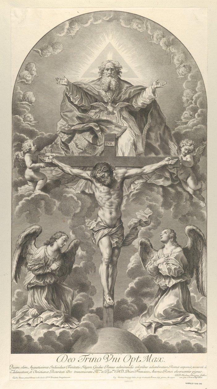Den heliga treenigheten, Kristus på korset flankerad av två änglar, den helige Ande som en duva och..., 1702. av Nicolas Dorigny