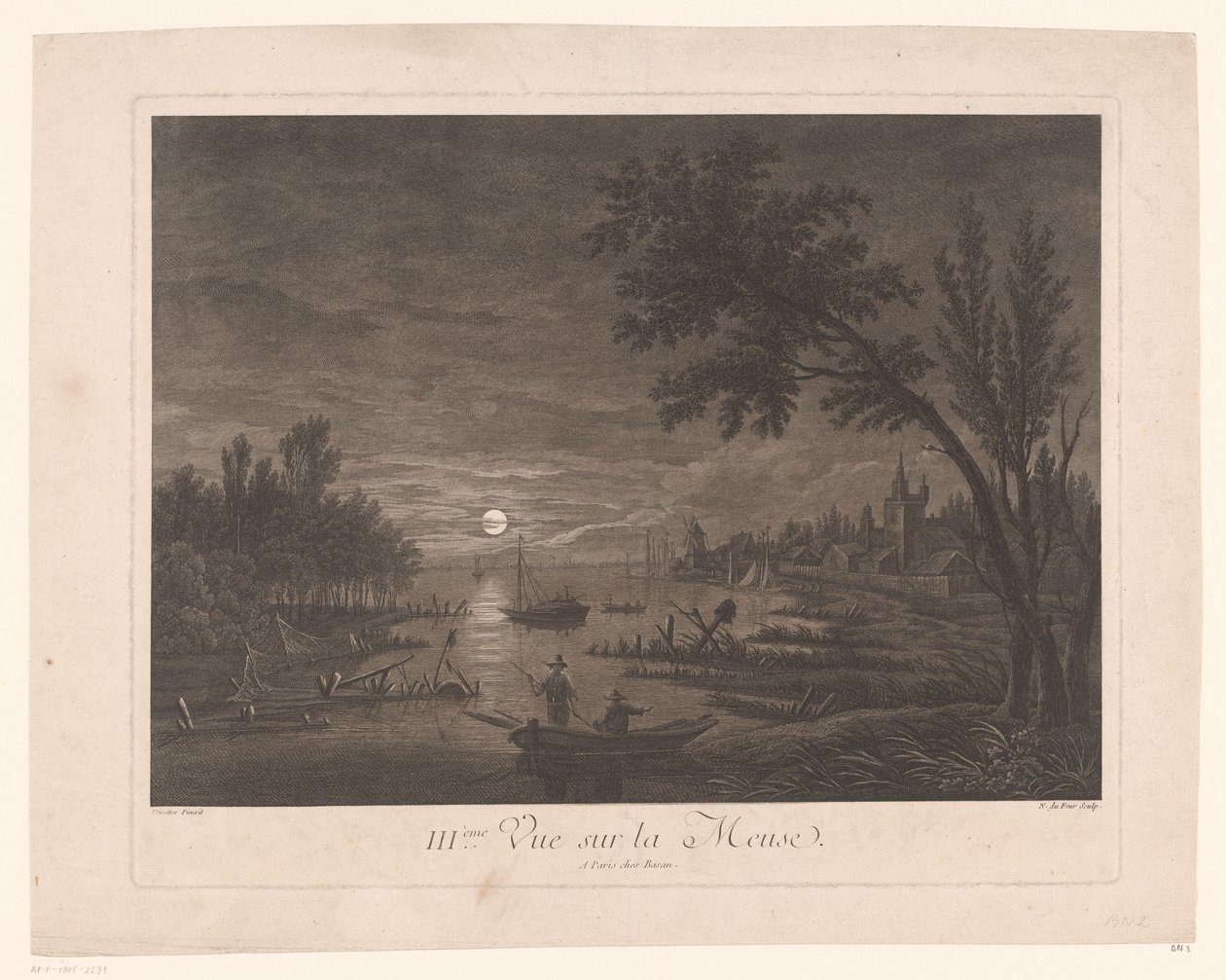Nattvy över Maas med fiskare III.ème Vue sur la Meuse. (titel på objekt) av Nicolas Dufour