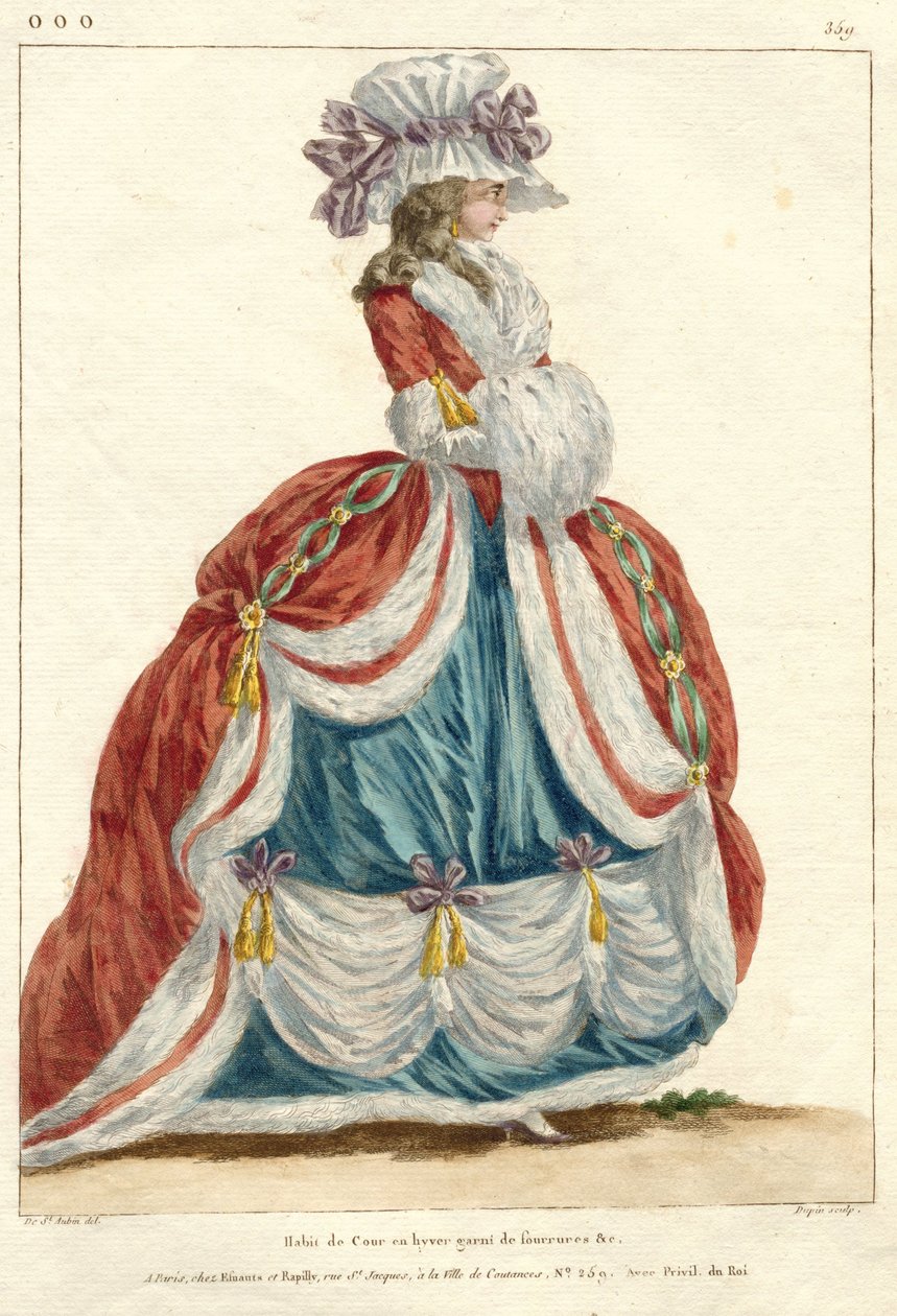 Marie Antoinette: Modedrottningen: Franskt mode- och kostymgalleri Gallerie des Modes et Costumes Francais, 1787, ooo.359, Court dress in winter (titel på objekt) av Nicolas Dupin