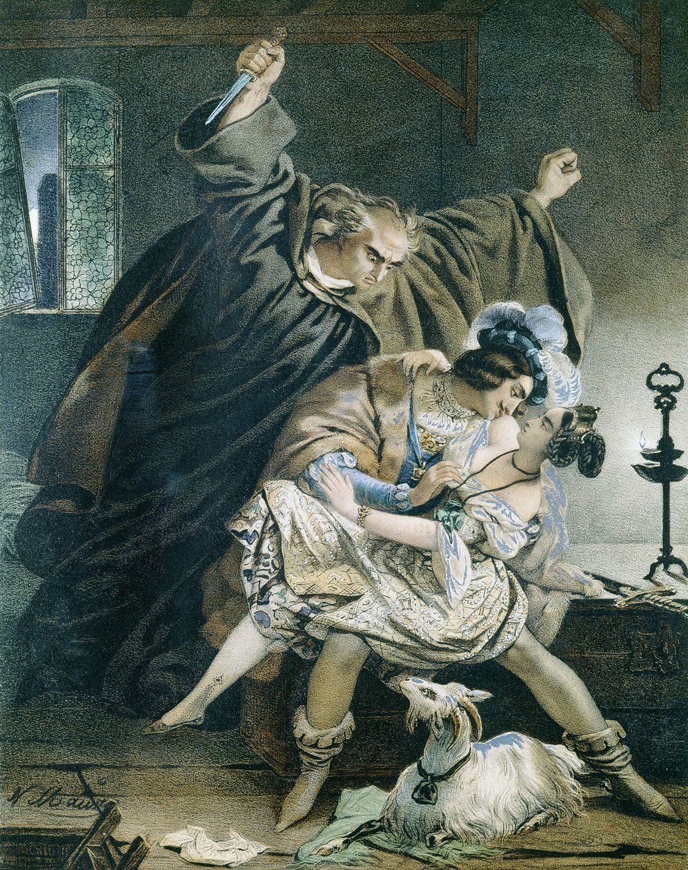 Esmeralda, Phoebus och claude Frollo (Notre Dame de Paris) av Victor Hugo.Illustration av Nicolas Eustache Maurin 1799-1850 Privat samling. av Nicolas Eustache Maurin