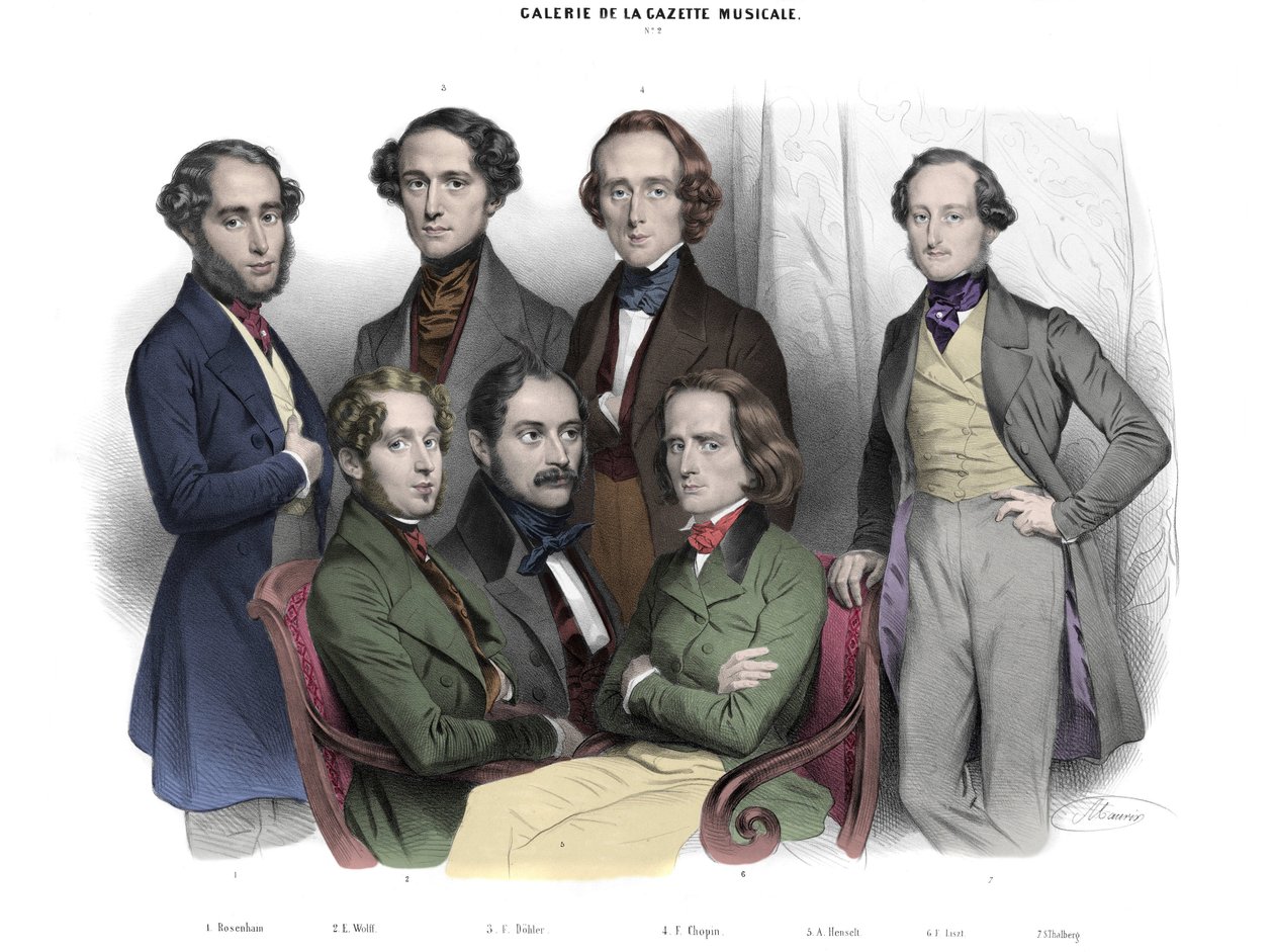 Galerie de la Gazette musicale N. 2. Celebres of 1842: Frederic Chopin (1810-1849) Franz Liszt (1811-1886), Jacob (Jakob, Jacques) Rosenhain, Edouard Wolff, Sigismund Thalberg, Adolf von Henselt, Theodor (Theodore) Dohler (1814-1856). Gravyr av Nicolas av Nicolas Eustache Maurin