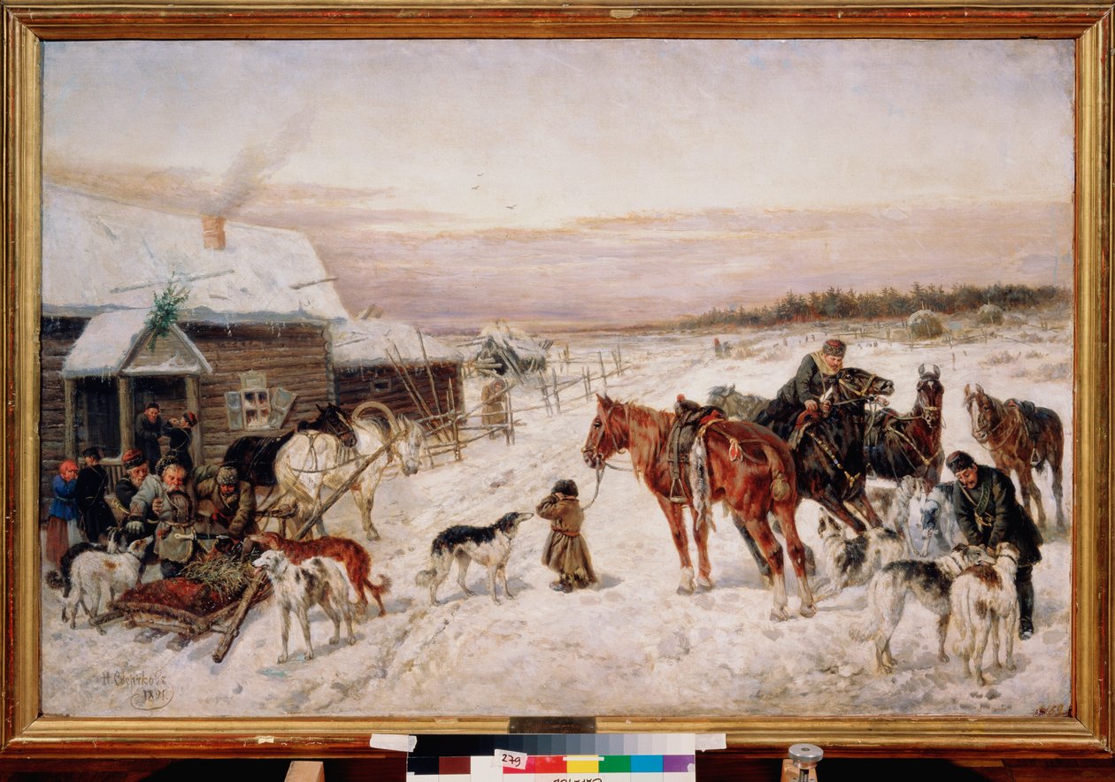 Innan en pub på vintern - Målning av Nikolai Yegorovich Sverchkov (Nicolas Swertschkoff) (1817-1898), olja på duk av Nicolas Gregorovitch Svertschkoff
