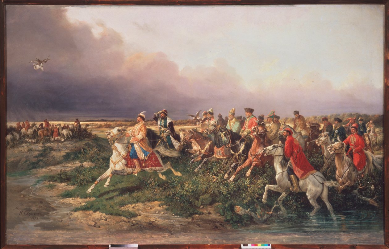 Tsar Alexis I:s falkjakt (sa den mycket fredliga av Nicolas Gregorovitch Svertschkoff