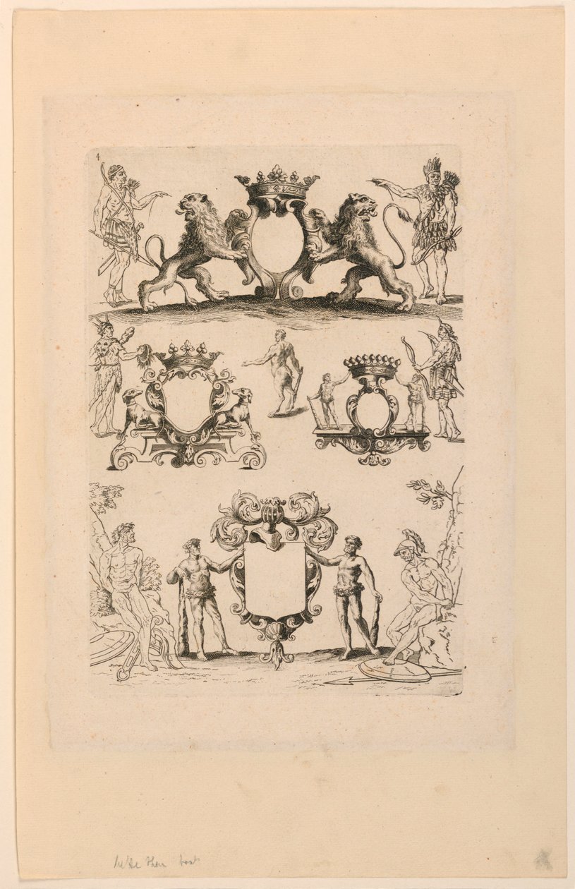 Design för vapensköld, från "Livre de Cartouches" av Nicolas Guerard