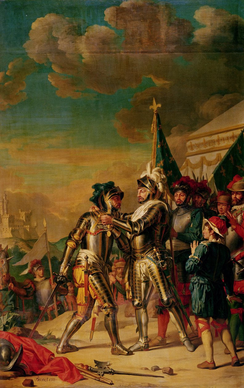 Henri II (1519-59) Ge kedjan av Saint-Michel-orden till Gaspard de Saulx (1509-73) greve av Tavannes, efter slaget vid Renty, 13 augusti 1554, 1789 av Nicolas Guy Brenet