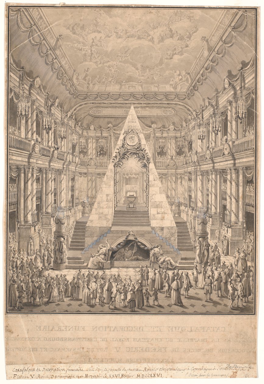 Christiansborgs slottskapell med Frederik V:s katafalk av Nicolas Henri Jardin