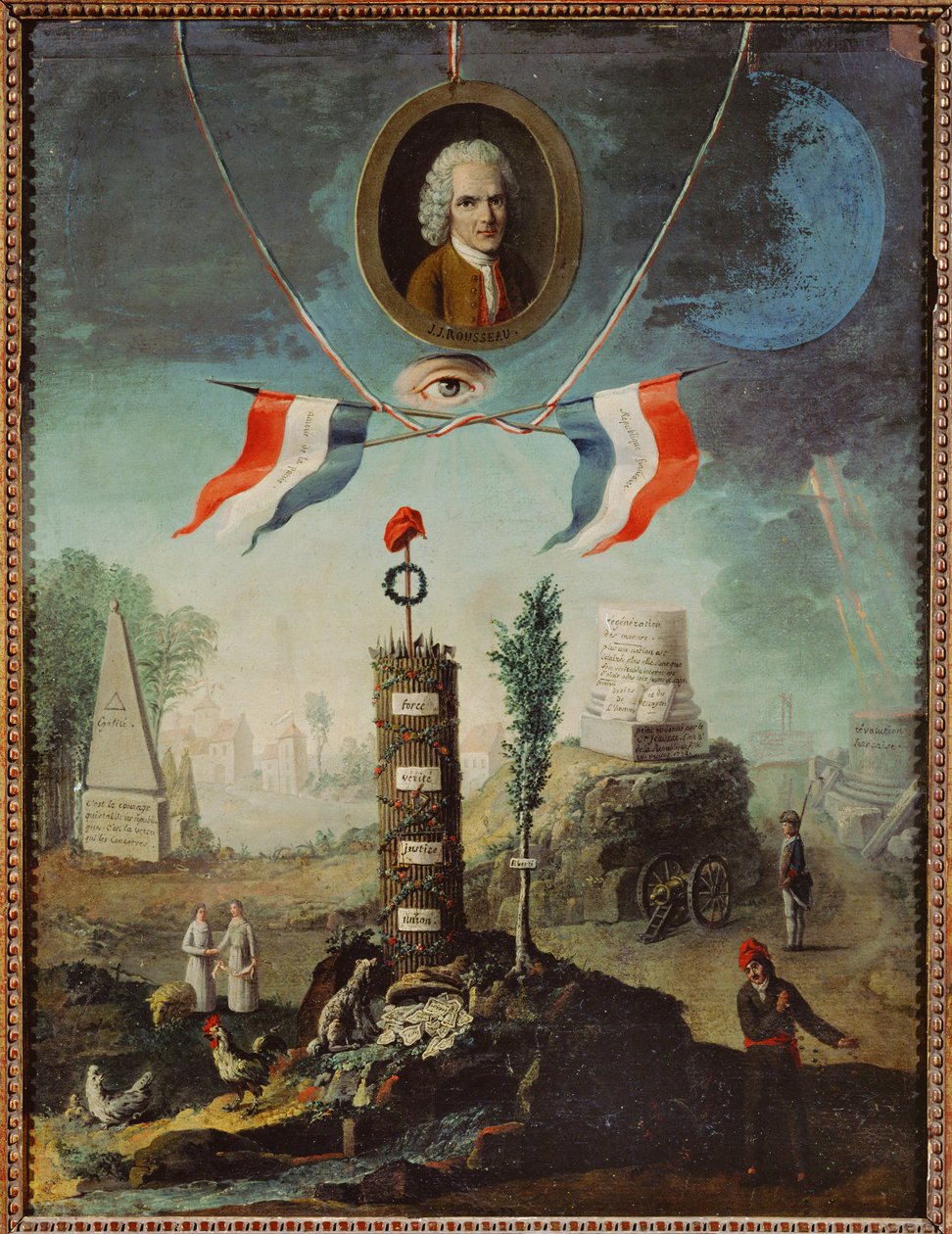 Allegori över den franska revolutionen med ett porträtt av Jean-Jacques Rousseau och en jakobinsk frygisk mössa... av Nicolas Henri Jeaurat de Bertry