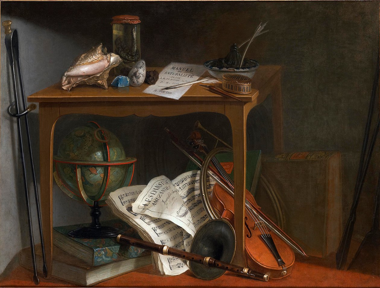 En av ett par Devants de Cheminée: Naturalist Manual and Objects Resting on a Table av Nicolas Henri Jeaurat de Bertry