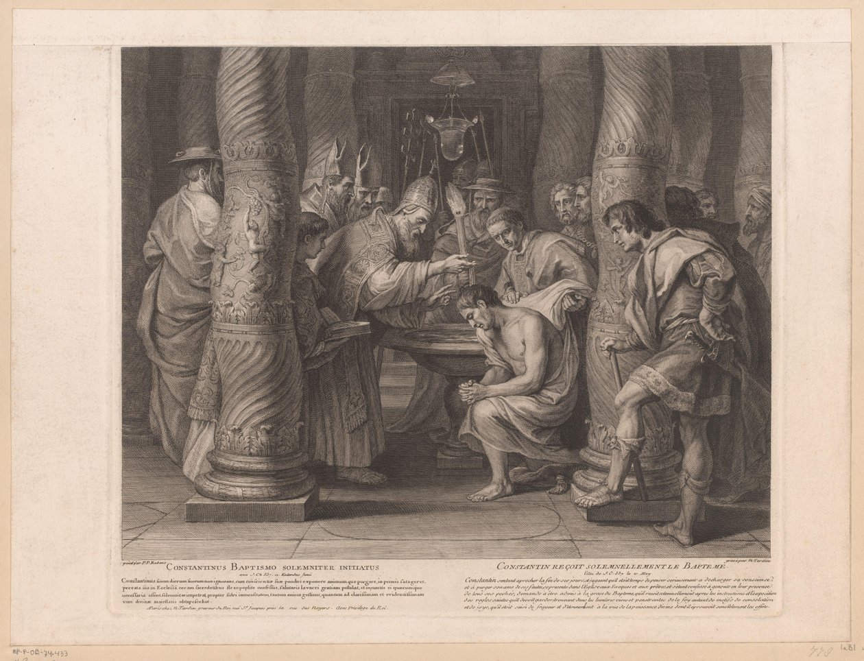 Kejsar Konstantins dop av påven Silvester I Constantinus baptismo solemniter initiatus / Constantin reçoit solemnelllement le baptème (titel på objektet) Kejsar Konstantin den stores historia (serietitel) av Nicolas Henri Tardieu