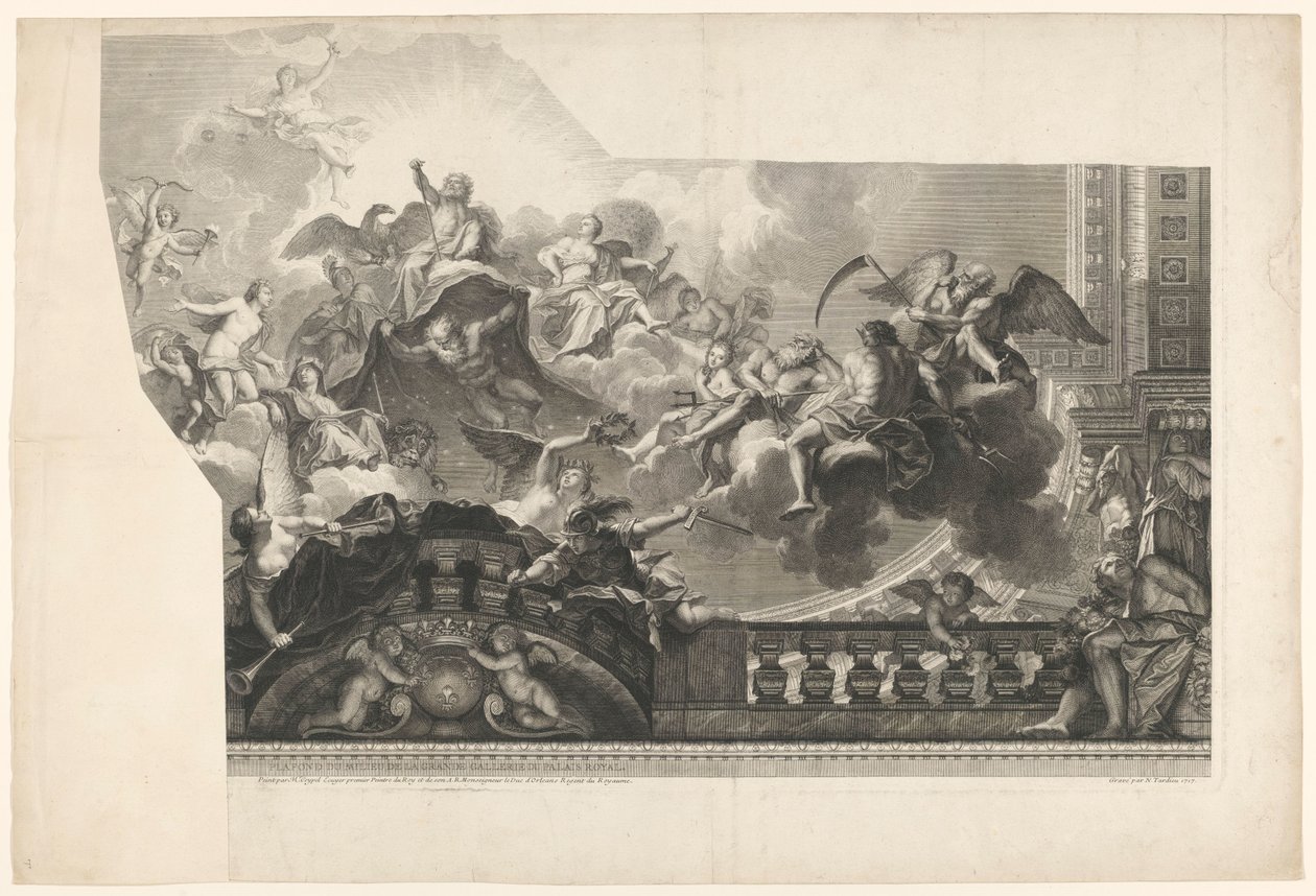 Takmålning med samling av gudar (skylt 2) Plafond du Milieu de la Grande Gallerie du Palais Royal (titel på objekt) av Nicolas Henri Tardieu