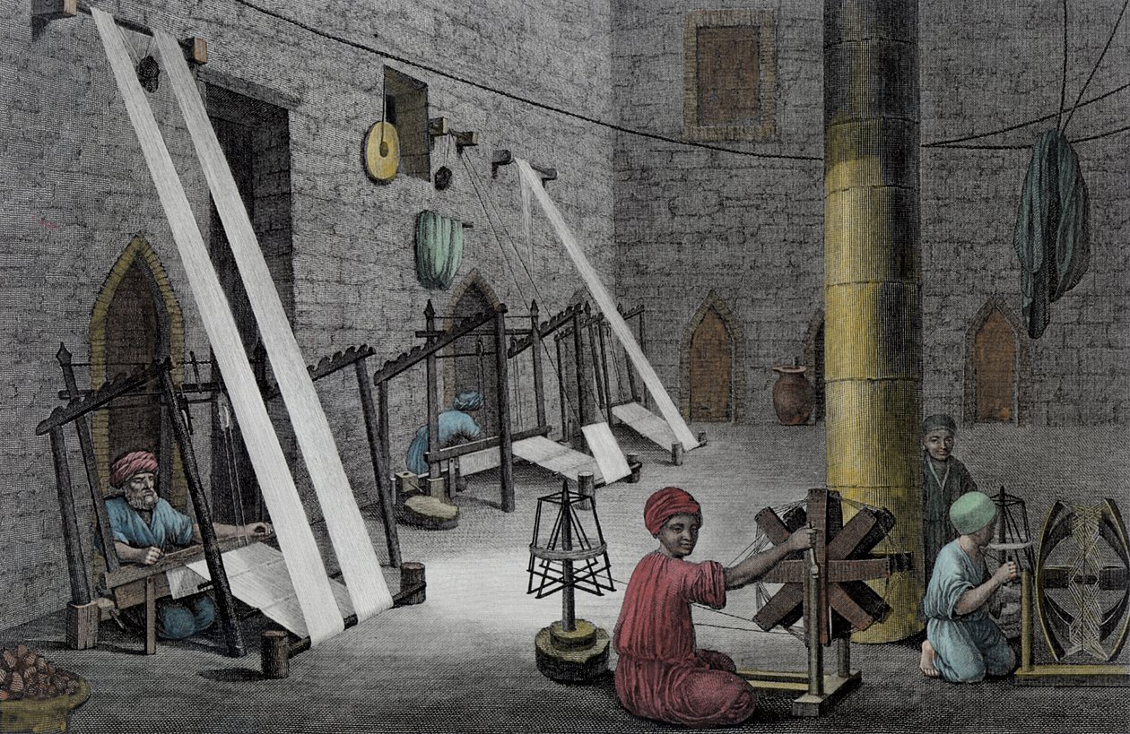 Interiör av en vävares verkstad, från volym II Arts and Trades av "Beskrivning av Egypten", graverad av Schroeder och E. Voysard, pub. under Napoleons order av Nicolas Jacques (after) Conte