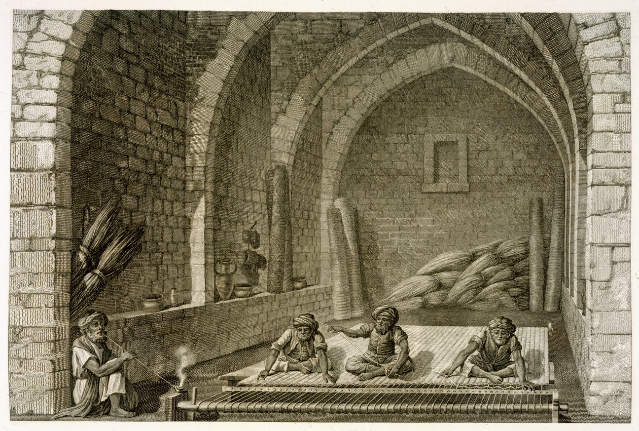 Weaving a Rug, från Volym II Arts and Trades av "Description of Egypt", pub. under order av Napoleon, 1822 av Nicolas Jacques Conte