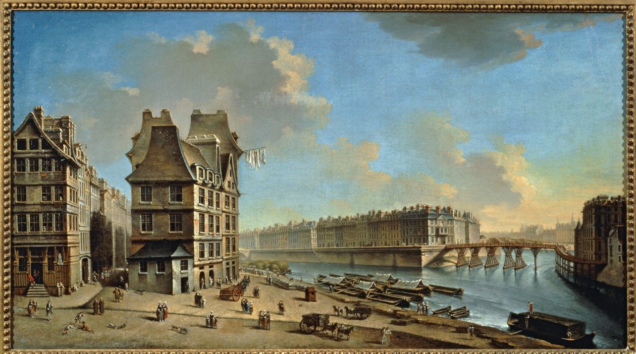 Ile Saint-Louis och Pont Rouge sett från Place de Greve, Paris (målning på duk) av Nicolas & Jean Baptiste (1715-93) Raguenet
