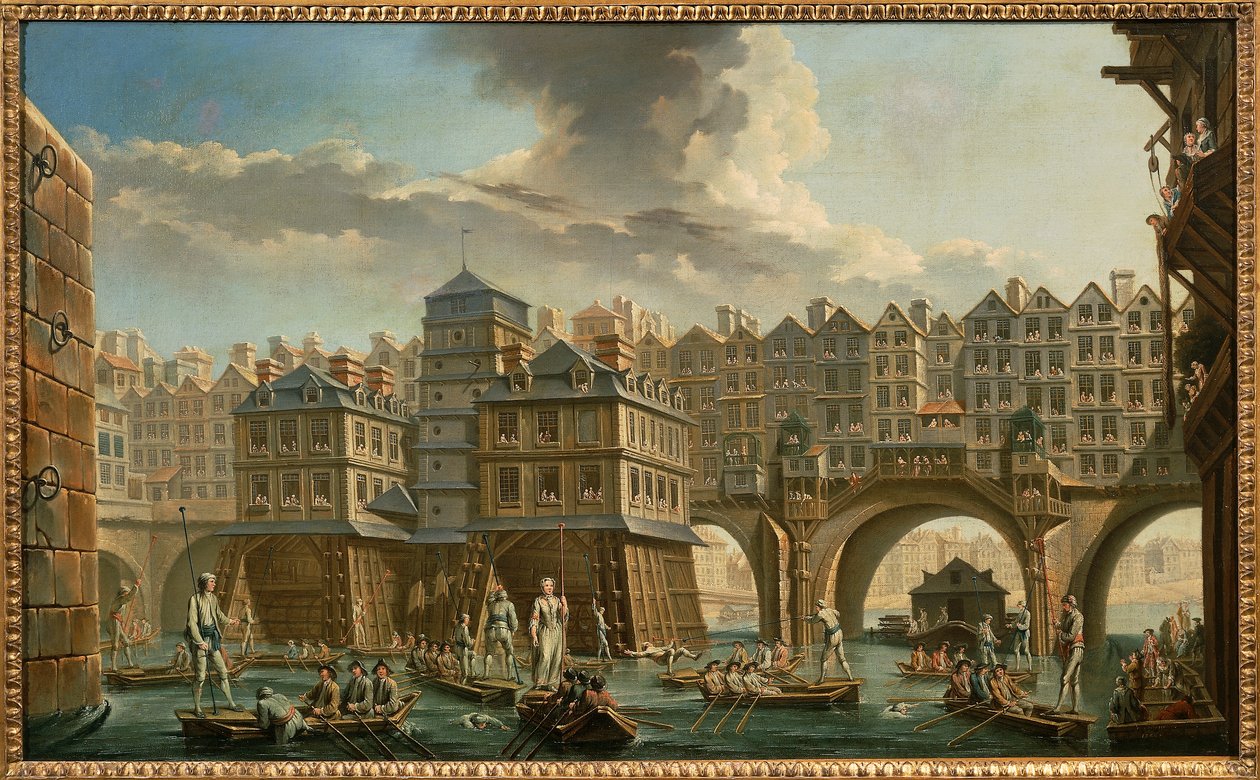 Paris, båtsmans tornerspel mellan Pont Notre-Dame och Pont au Change av Nicolas and Jean Baptiste Raguenet