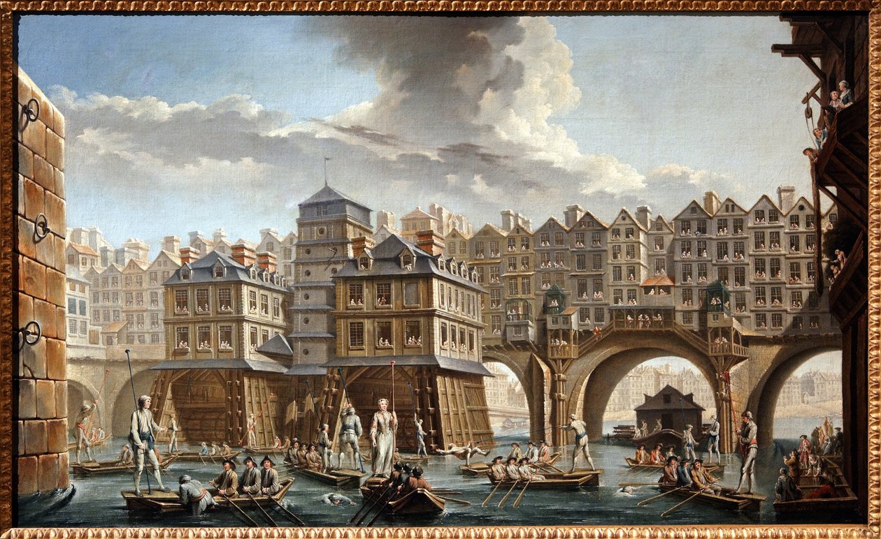 Pråmmännens tornerspel, mellan Notre Dame-bron och Pont au Change av Nicolas and Jean Baptiste Raguenet