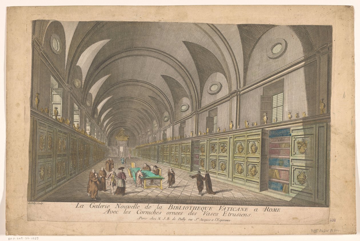 Galleri i Vatikanens bibliotek Det nya galleriet i Vatikanbiblioteket i Rom med gesimsen dekorerade med etrusiska vaser (titel på objektet) av Nicolas Jean Baptiste Poilly