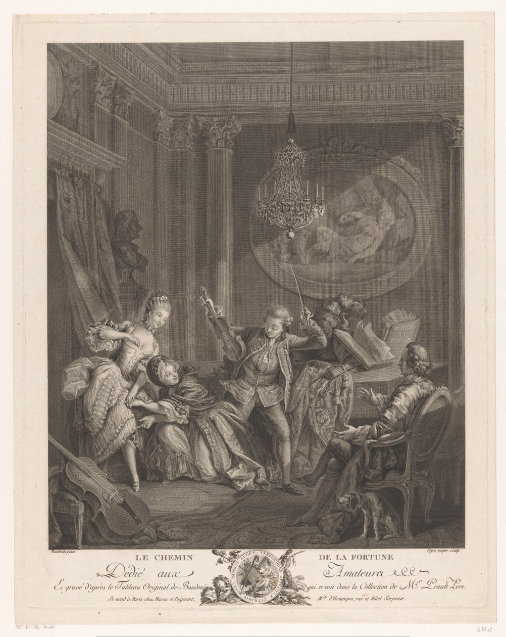 En violinist och två unga kvinnor i en interiör, en sittande man tittar på Le Chemin de la Fortune (titel på objekt) av Nicolas Joseph Voyez