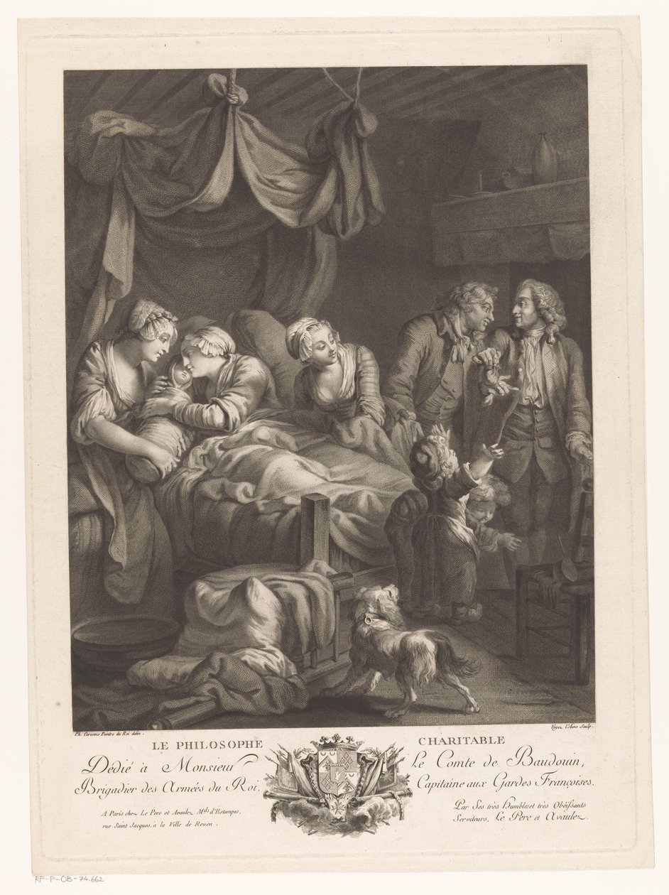 Kvinna med barn i förlossning, omgiven av andra figurer Le Philosophe Charitable (titel på objekt) av Nicolas Joseph Voyez