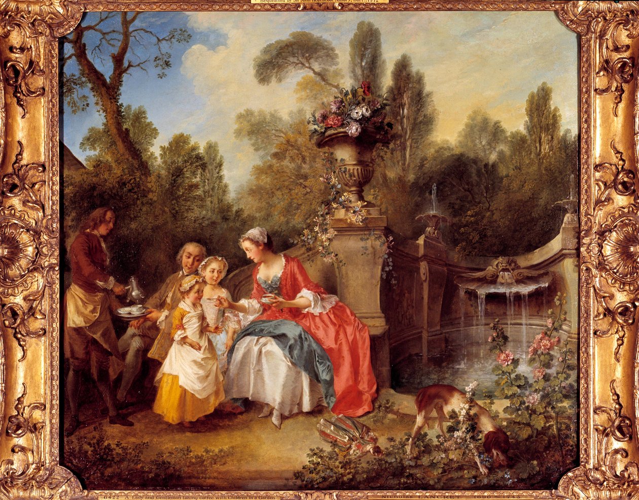 En kvinna i en trädgård fikar med barn eller en kopp choklad Målning av Nicolas Lancret (1690-1743) av Nicolas Lancret