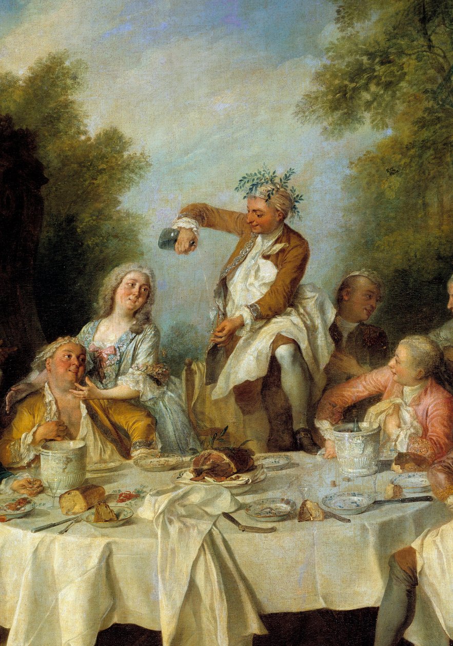Skinka frukost. Scen av en lantbankett runt en skinka i adeln. Detalj. Målning av Nicolas Lancret (1690-1743) 1735. Sön 1,8x1,2 m Chantilly, museum Conde av Nicolas Lancret