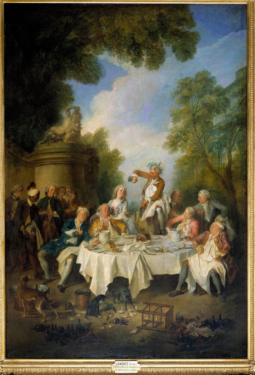 The Ham Scene lunch of a country banquet around a ham in the nobility. Painting by Nicolas Lancret (1690-1743) 1735. Sun 1,8x1,2 m Chantilly, museum Conde av Nicolas Lancret