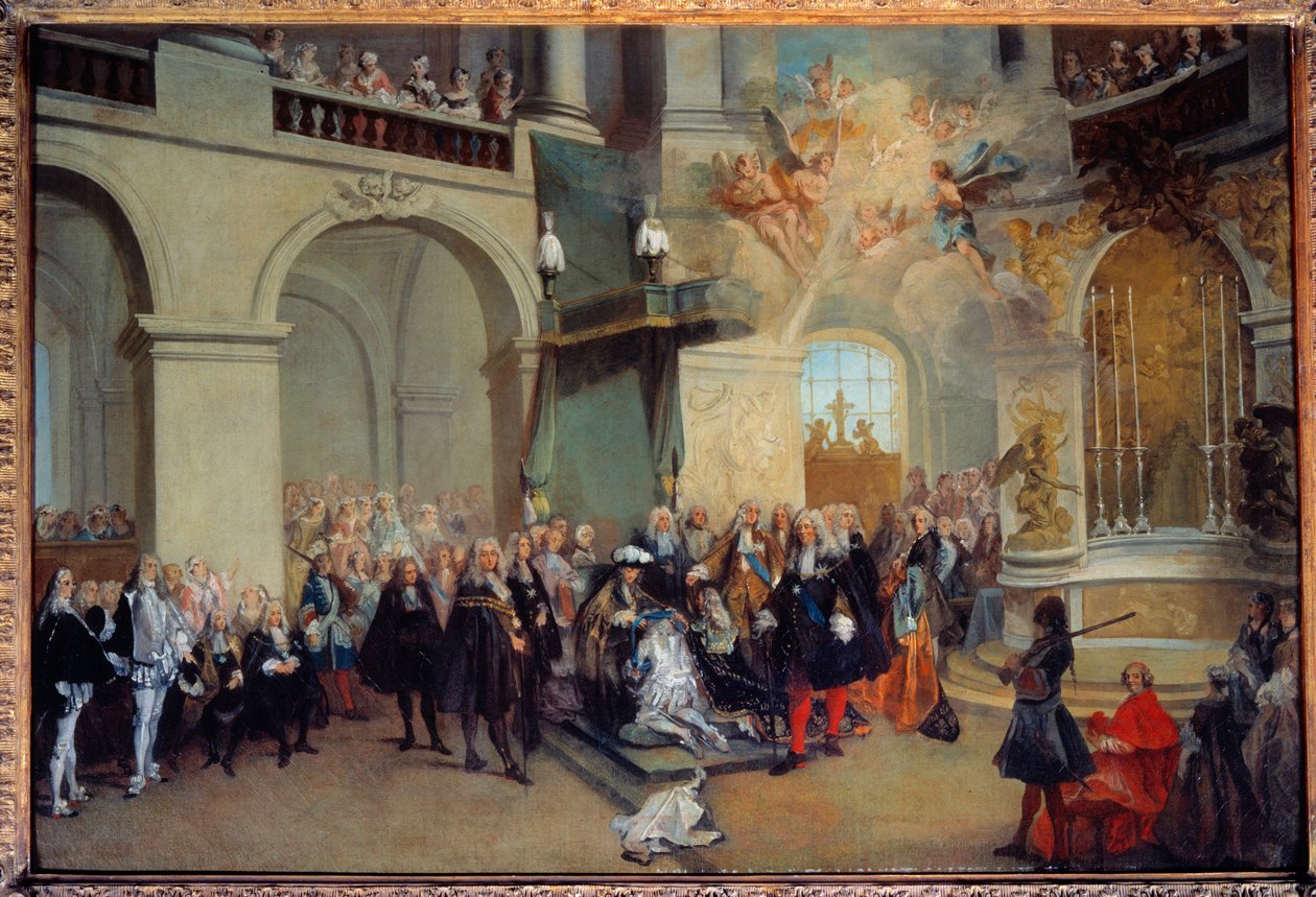 Överlämnandet av den Helige Andes Orden (Den Helige Andes Orden) i kapellet i Versailles 3/06/1724 Målning av Nicolas Lancret (1690-1743) 1724 Sön. 0,56x0,81 m av Nicolas Lancret
