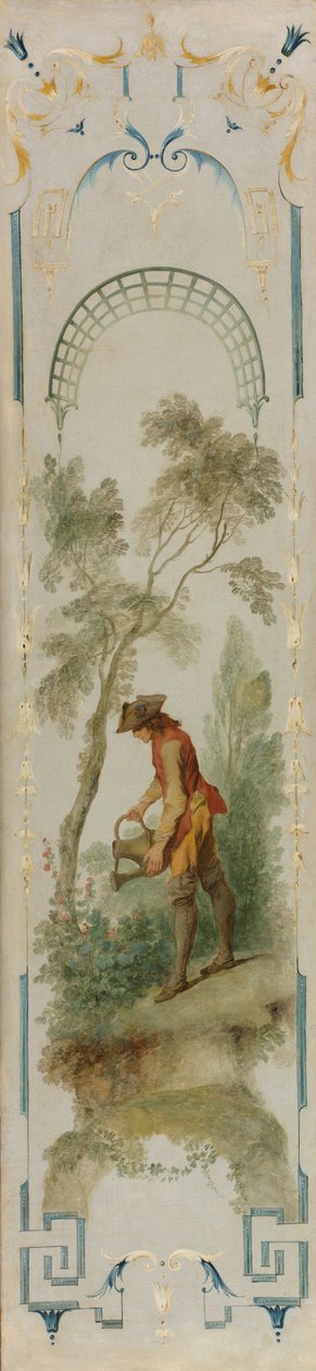 Väggpaneler: Trädgårdsmästaren, trädgårdsodling, vingården, gungbrädan, gungan, ca. 1723-1727. av Nicolas Lancret