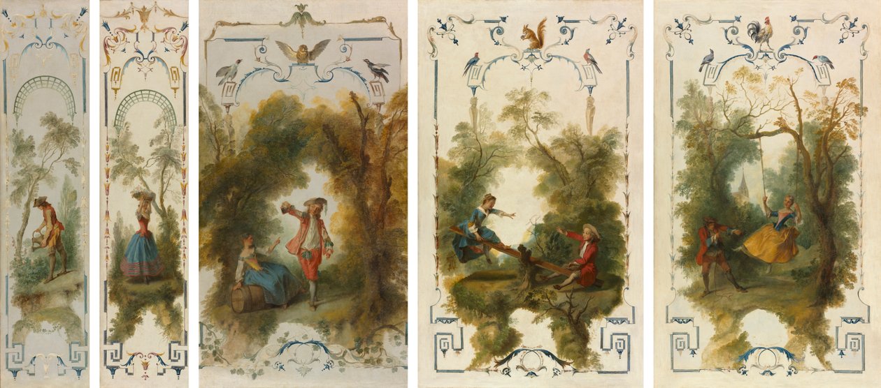 Väggpaneler: Trädgårdsmästaren, Trädgårdsodling, Vingården, Gungbrädan, Gungan av Nicolas Lancret