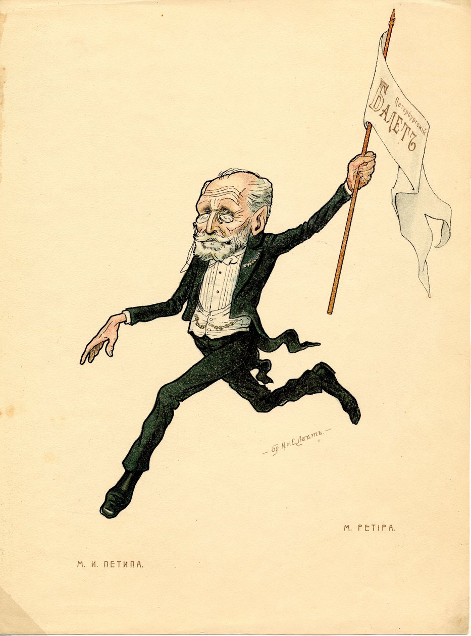 Porträtt av Marius Petipa (1818-1910) fransk dansare och koreograf - Litografi av Nikolai Gustavovich Legat (1869-1937), utdrag ur Ballet russe en caricatures av Nicolas Legat