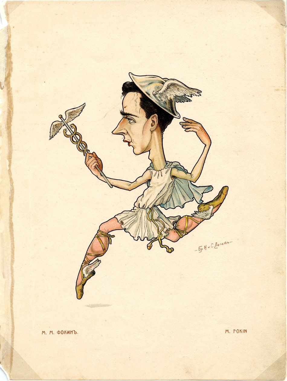 Porträtt av Mikhail (Michel) Fokine (1880-1942) Rysk dansare och koreograf - Litografi av Nikolai Gustavovich Legat (1869-1937), utdrag ur Ballet russe en caricatures av Nicolas Legat